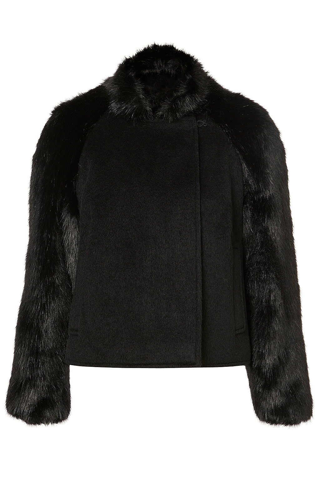Topshop Cropped Faux Fur Sleeve Coat in Black | Lyst