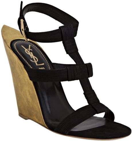 Saint Laurent Black and Gold Pointed Heel Wedge Sandals in Black | Lyst