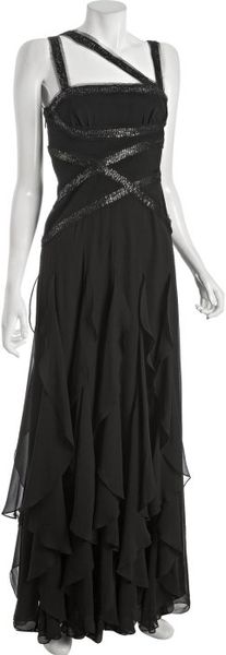 Bcbgmaxazria Black Silk Chiffon Asymmetrical Sequin Detail Gown in ...
