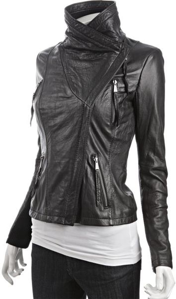 Michael Michael Kors Black Leather Knit Trim Asymmetrical Zip Jacket in ...