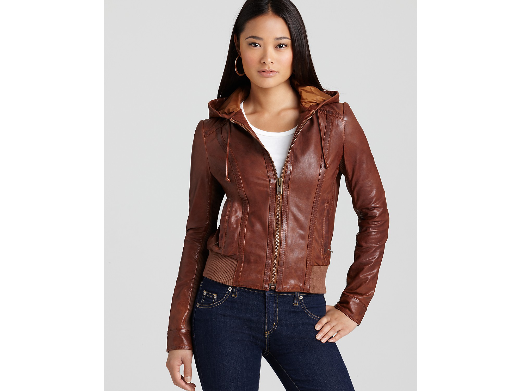 Kors By Michael Kors Hooded Leather Bomber in Brown | Lyst