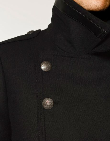 Zara Double Breasted Military Coat in Black for Men | Lyst