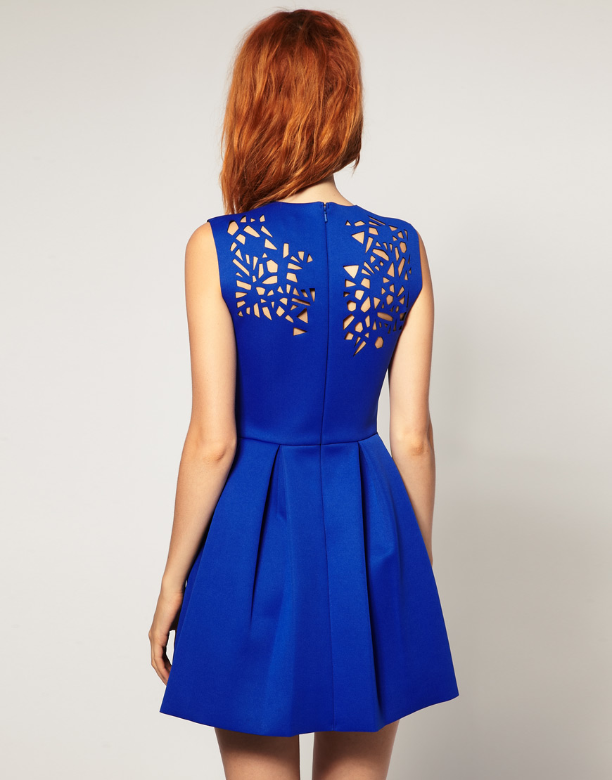 Asos collection Black Neoprene Laser Cut Waisted Dress in Blue | Lyst