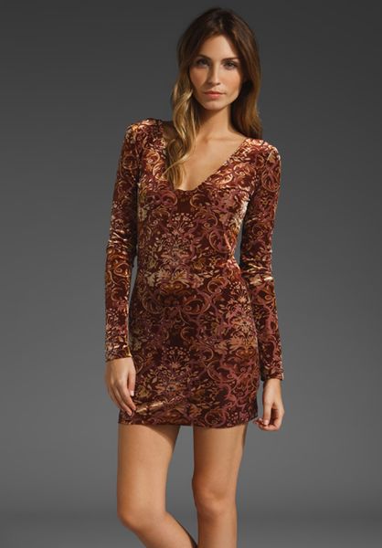 Free People Burnout Velvet Mini Dress in Brown (merlot combo) | Lyst