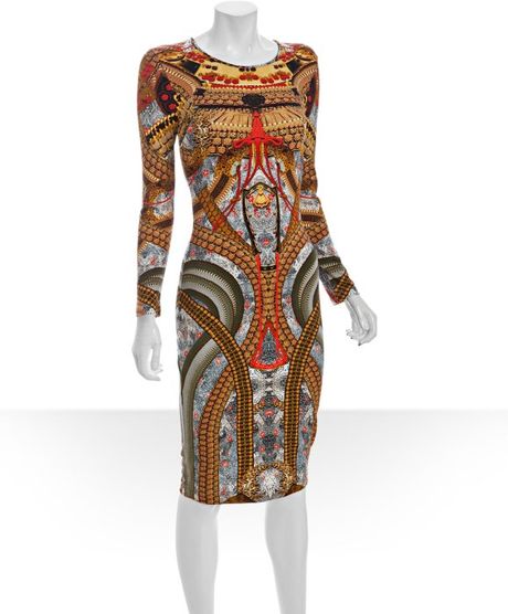 Alexander Mcqueen Gold Samurai Print Jersey Long Sleeve Sheath Dress in ...