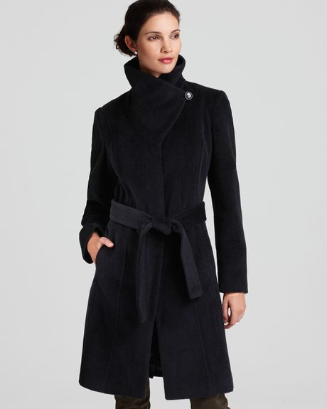 Calvin Klein Premium Funnel Neck Belted Coat in Black | Lyst