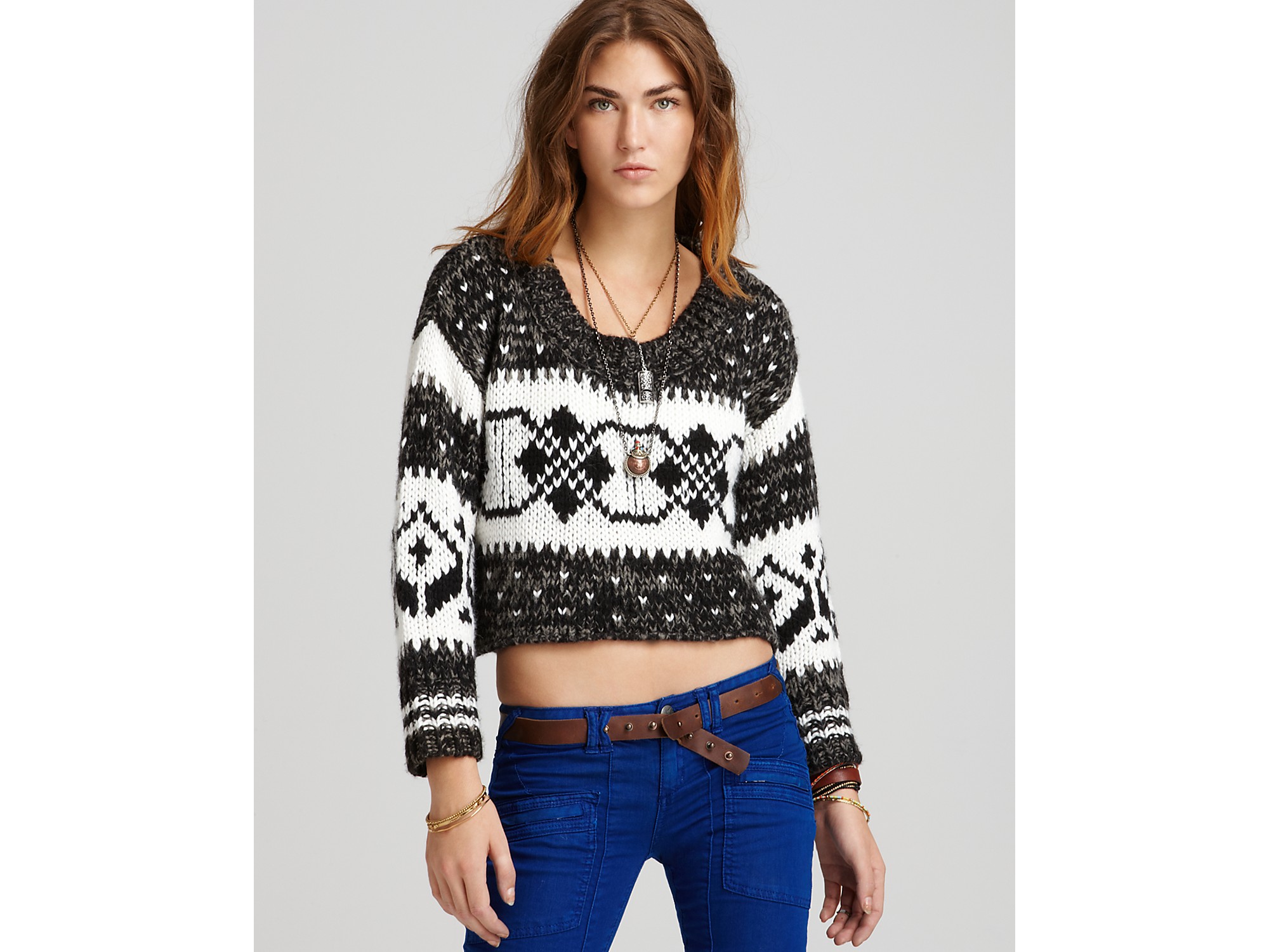 Free People Cropped Fair Isle Pullover Sweater in Black (frost combo ...