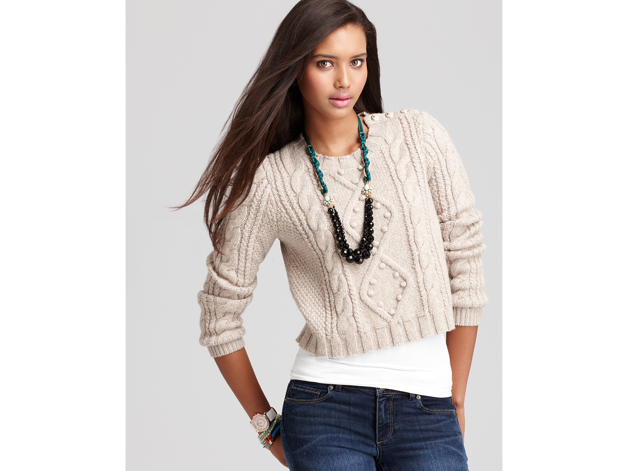 Juicy couture Cropped Cable Knit Sweater in Natural | Lyst