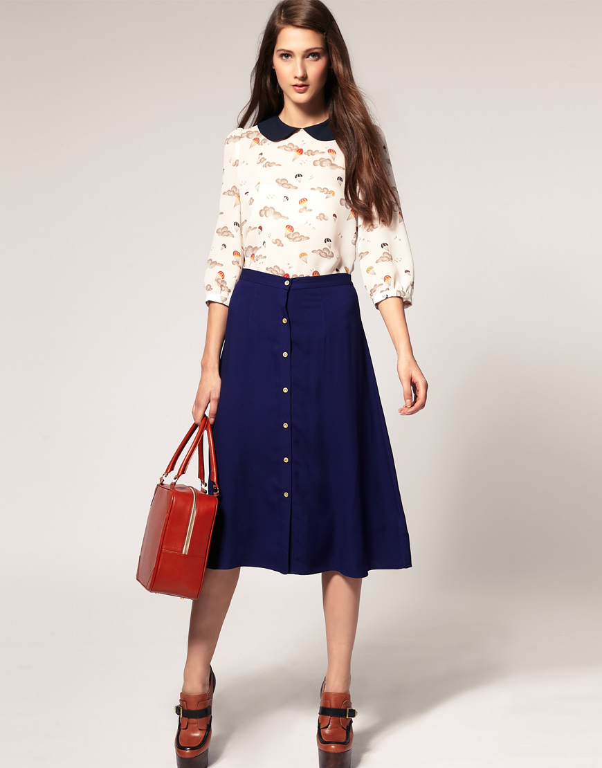 Asos Collection Asos Midi Skirt with Gold Button Through Detail in Blue ...