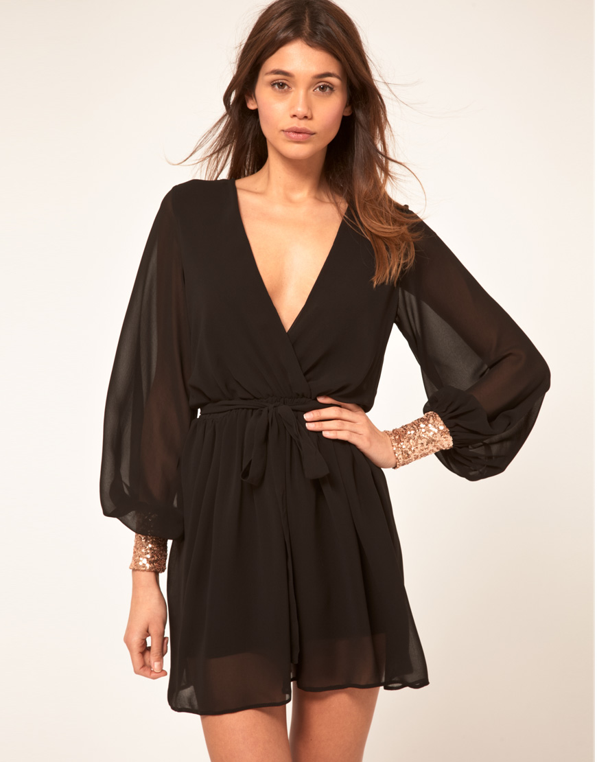 Lyst - Asos Collection Wrap Dress with Sequin Cuff in Black