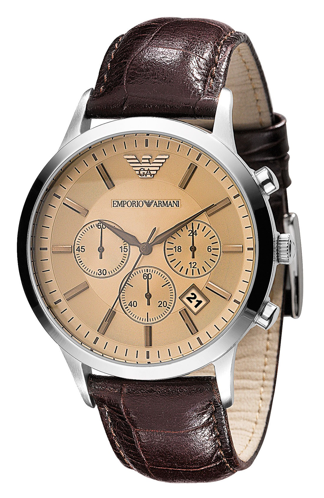 Emporio Armani Leather Chronograph Watch In Brown For Men Lyst