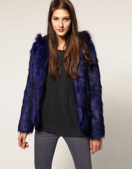 Asos Collection Hooded Faux Fur Jacket in Blue (electricblue) | Lyst