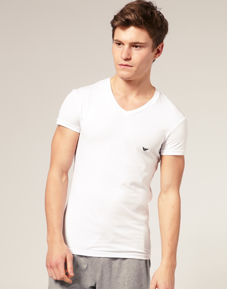 Lyst - Emporio Armani Stretch Cotton V Neck T Shirt in White for Men