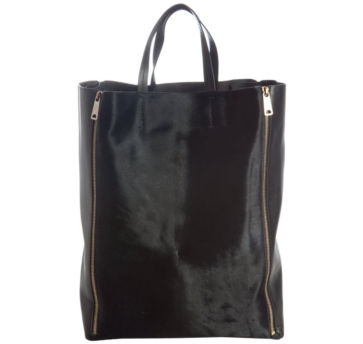 Cline Deep Navy Calf Hair and Leather Zipper Detail Tote in Black ...