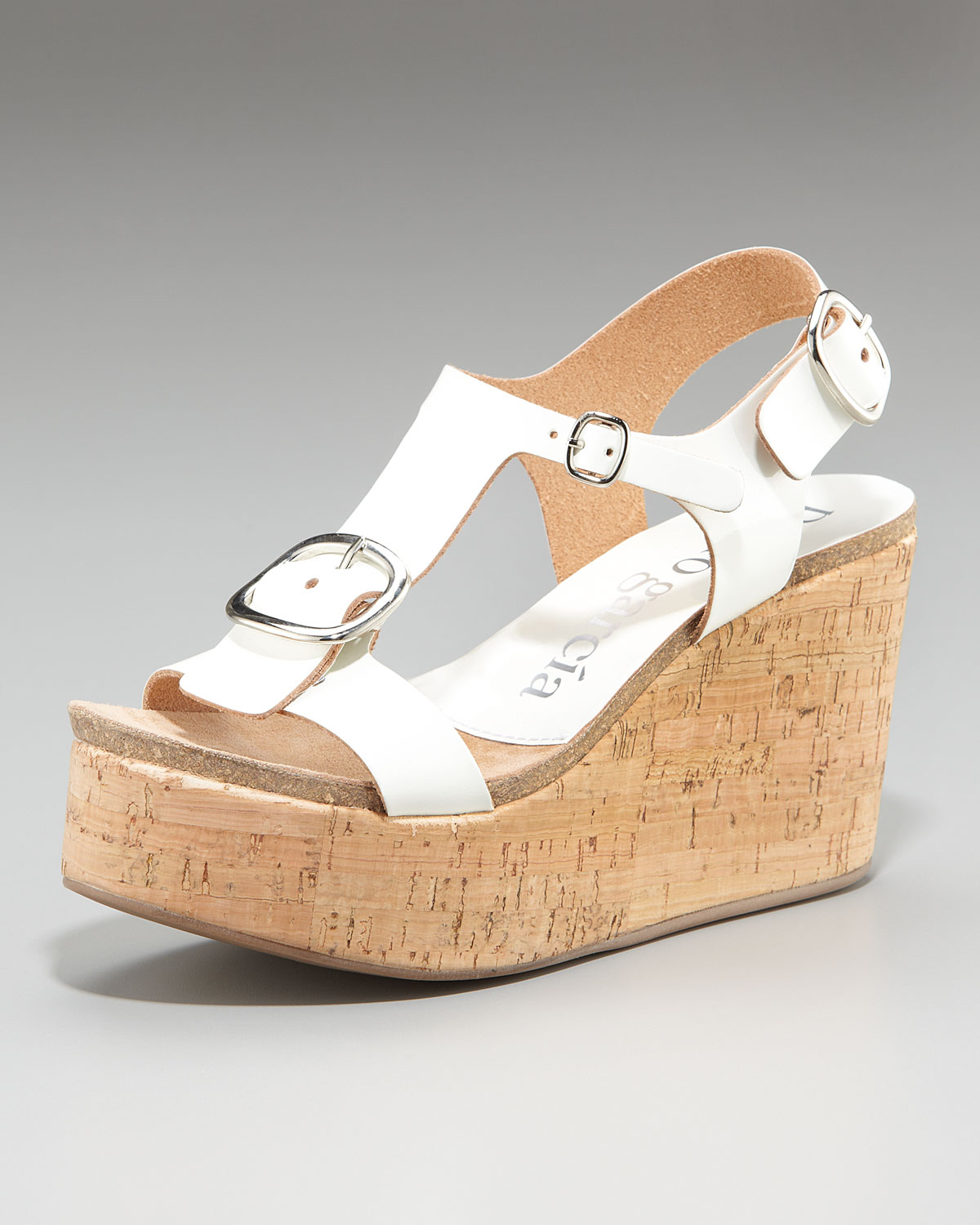 Pedro Garcia Leather Buckle Cork Wedge Sandal in White | Lyst