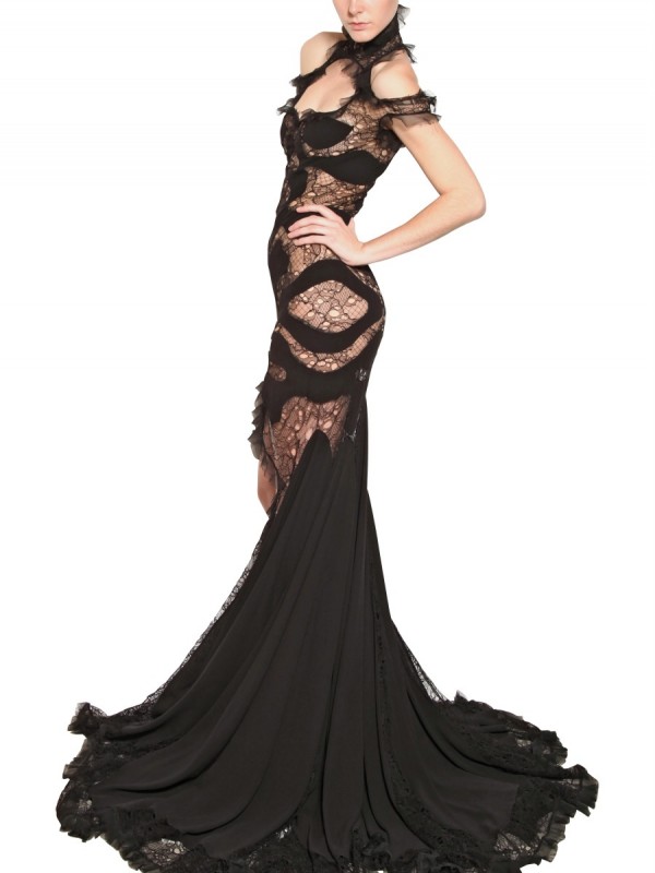 Lyst - Alexander Mcqueen Lace Viscose On Georgette Dress in Black