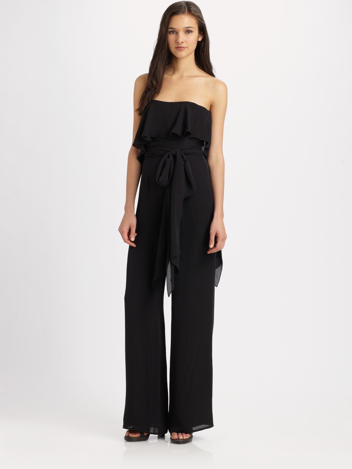 Lyst - Halston Strapless Jumpsuit with Flounce in Black