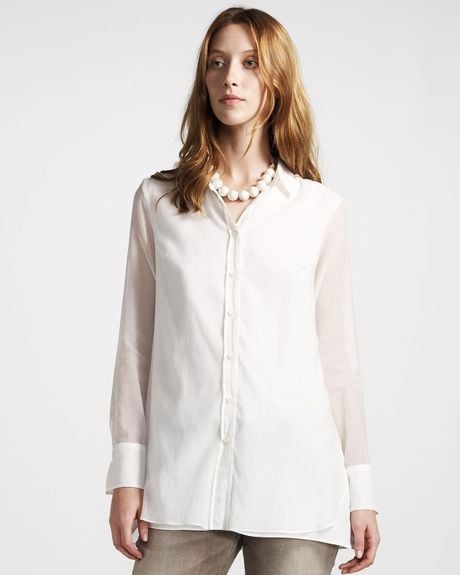 Brunello Cucinelli Sheer Silk Blouse in White | Lyst