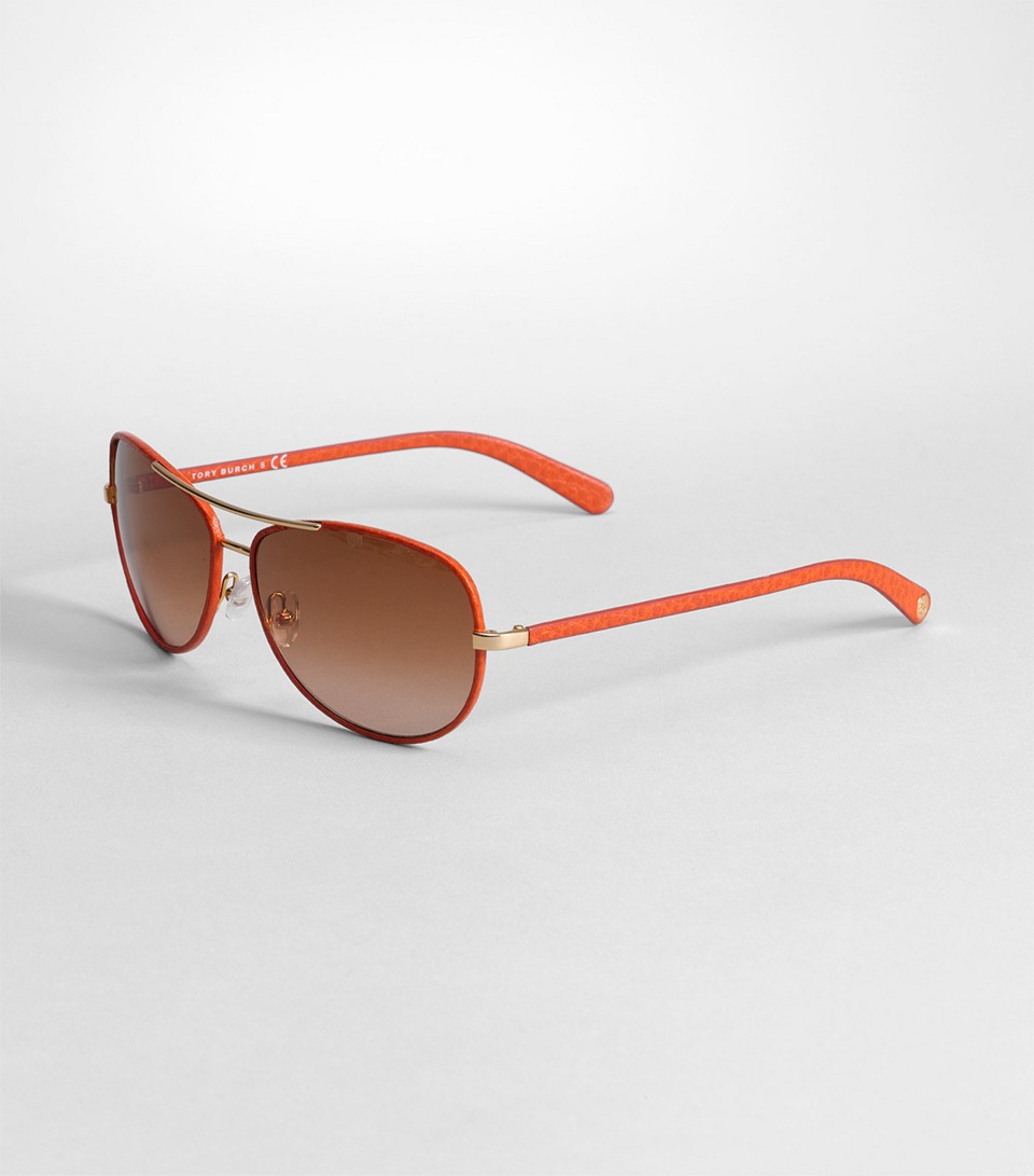 Tory Burch Leather Covered Aviator Sunglasses in Orange | Lyst