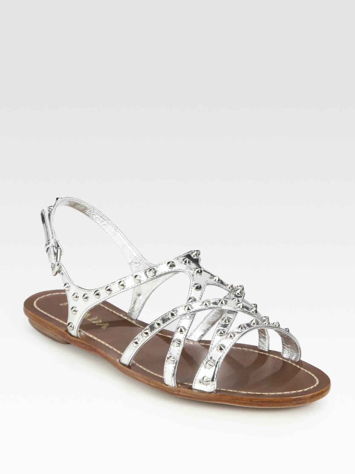 Prada Metallic Leather Studded Flat Sandals in Silver | Lyst