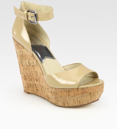 Michael Michael Kors Ariana Patent Leather Cork Wedge Sandals in Beige ...