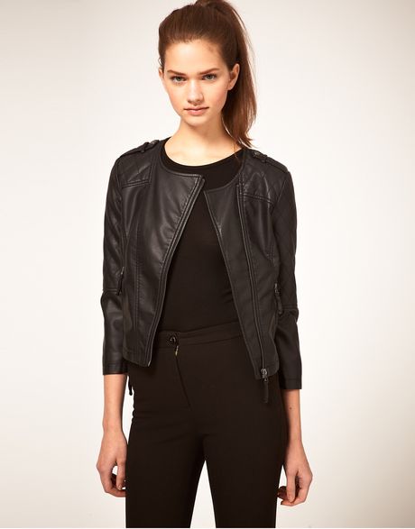 Asos Collection Asos Pu Collarless Quilted Biker Jacket in Black | Lyst