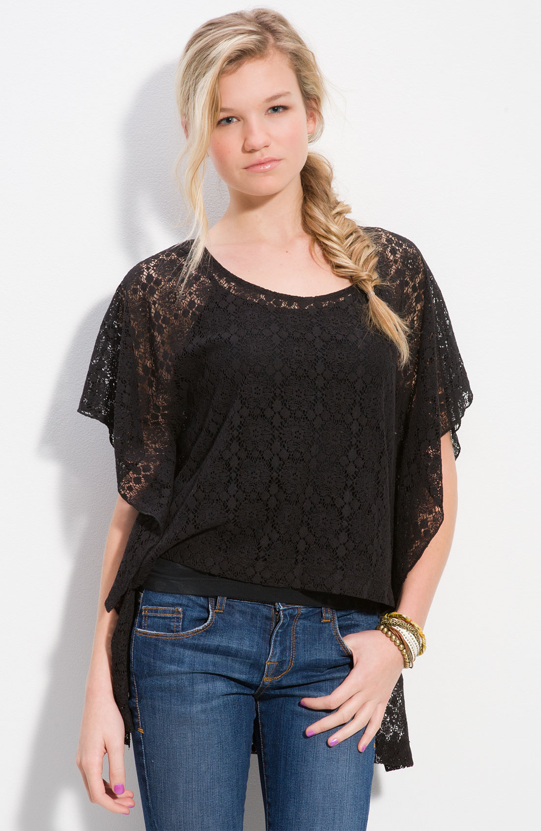 Mimi Chica Flutter Sleeve High Low Sheer Lace Top in Black | Lyst