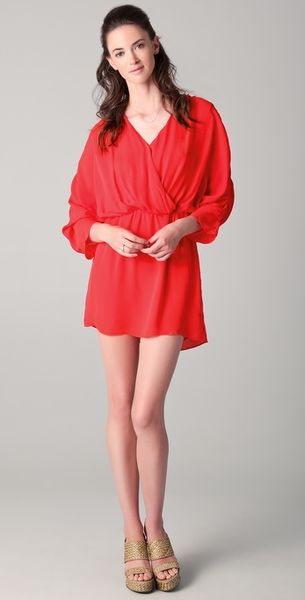 Parker Long Sleeve Ruched Dress in Red | Lyst