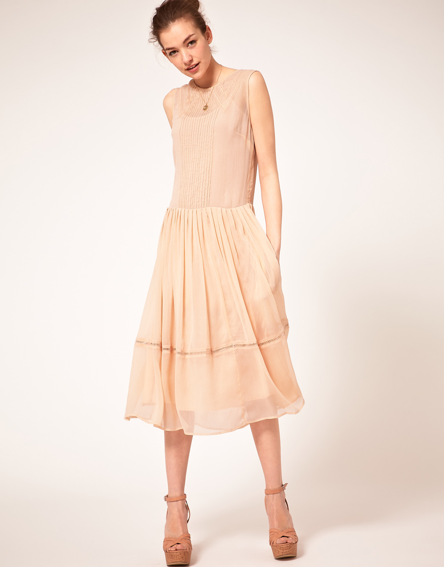 Midi Dress With Lace Panelling UK 12 EU 40 US 8 Pink | eBay