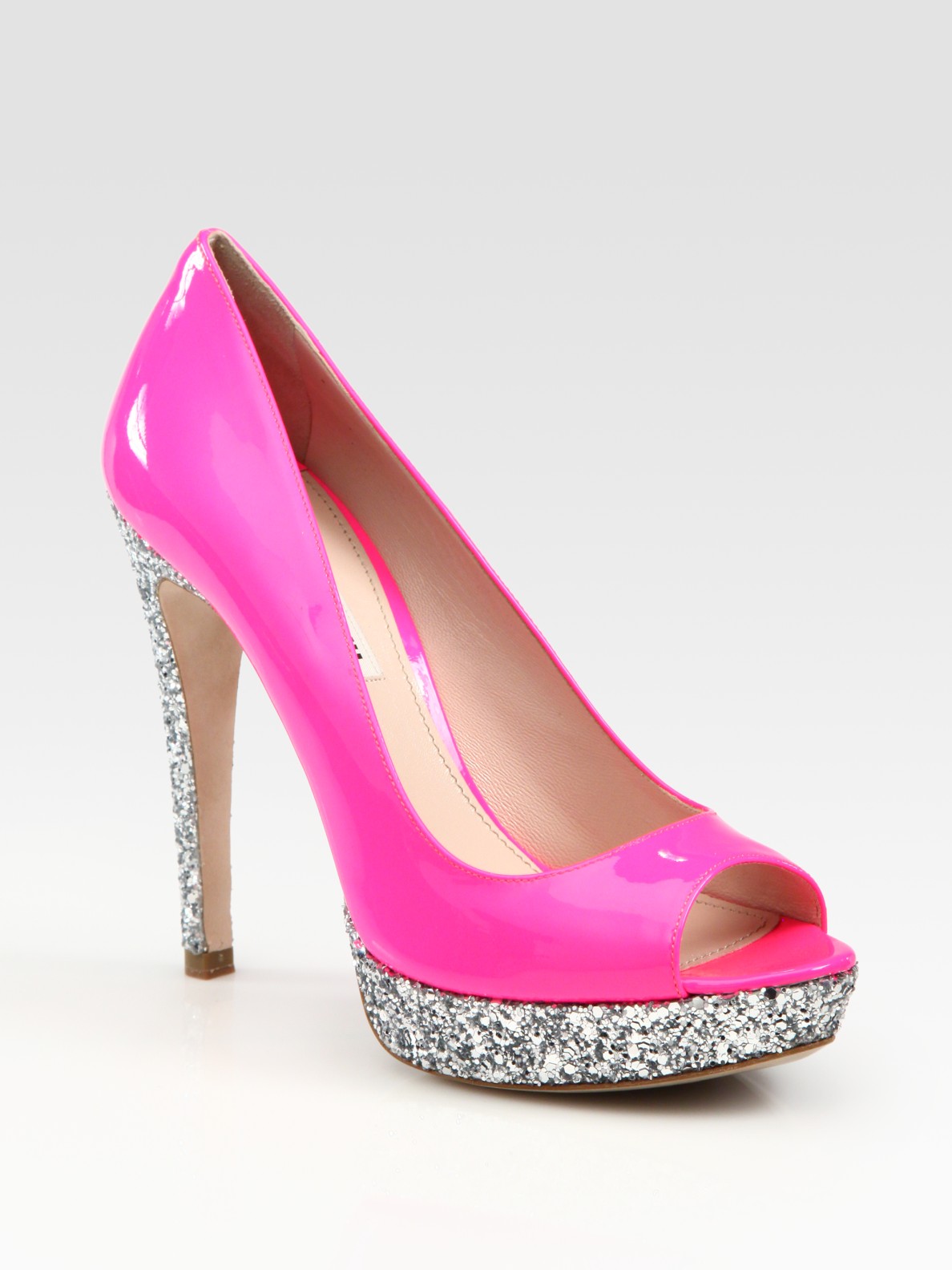 Miu Miu Glitter Patent Leather Peep Toe Platform Pumps in Pink (black ...