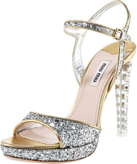 Miu Miu Glittered Leather Platform Sandal in Silver | Lyst