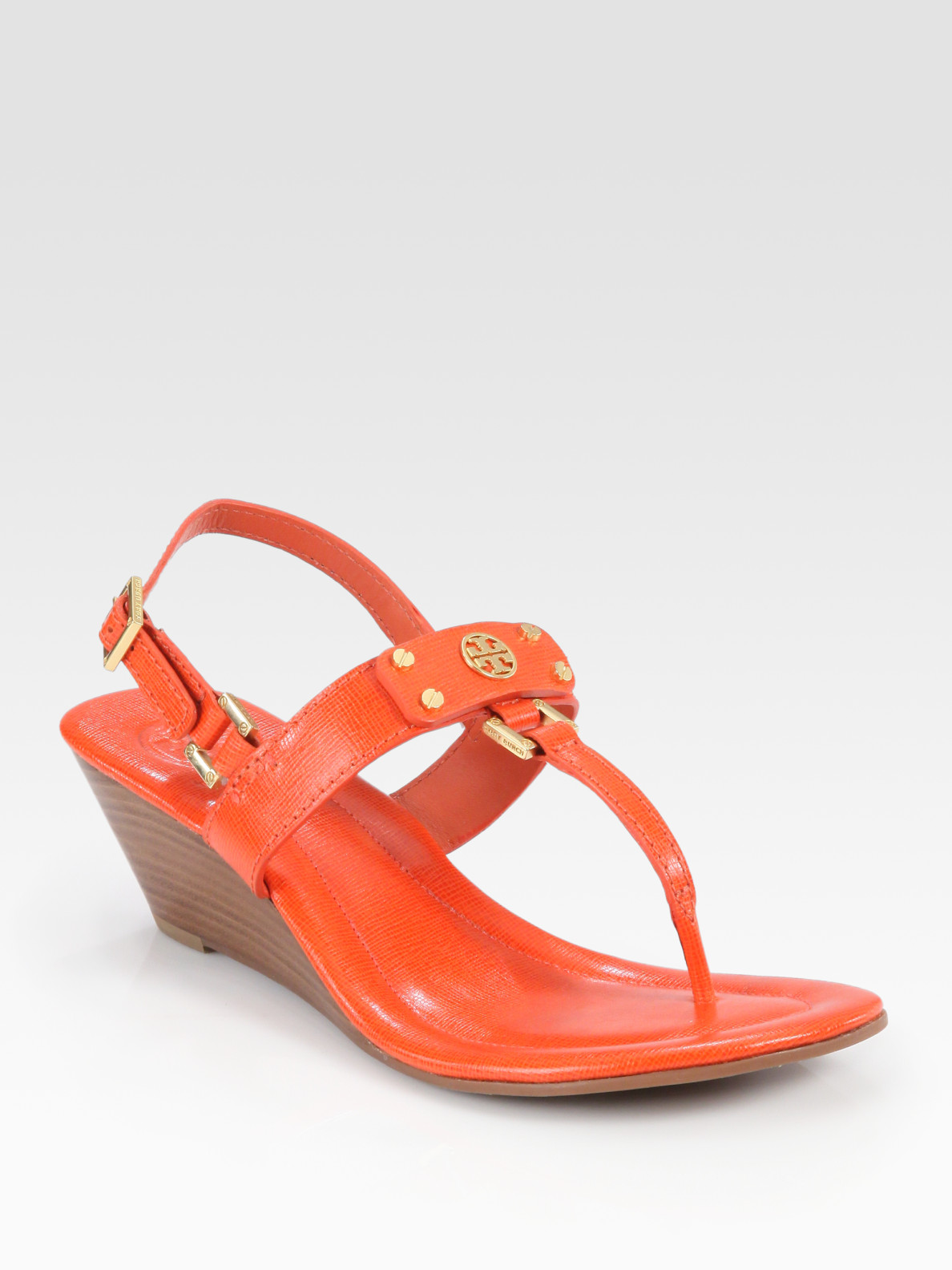 Tory burch Robinson Leather Slingback Thong Wedge Sandals in Orange | Lyst