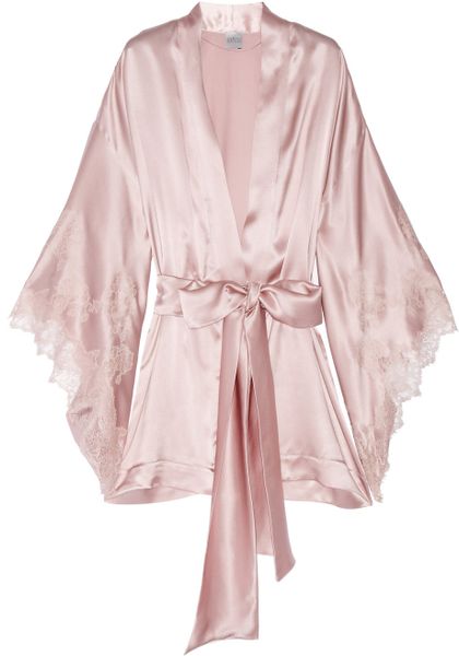 Carine Gilson Thème Louise Lace-trimmed Silk-satin Kimono Robe in Pink ...