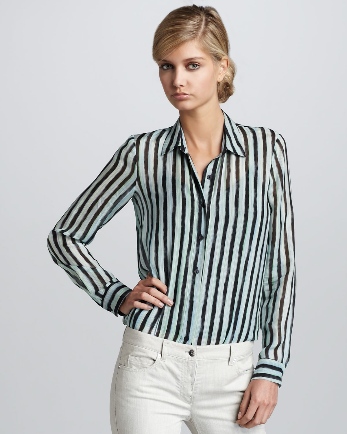 Theory Striped Silk Blouse in Black (green) | Lyst