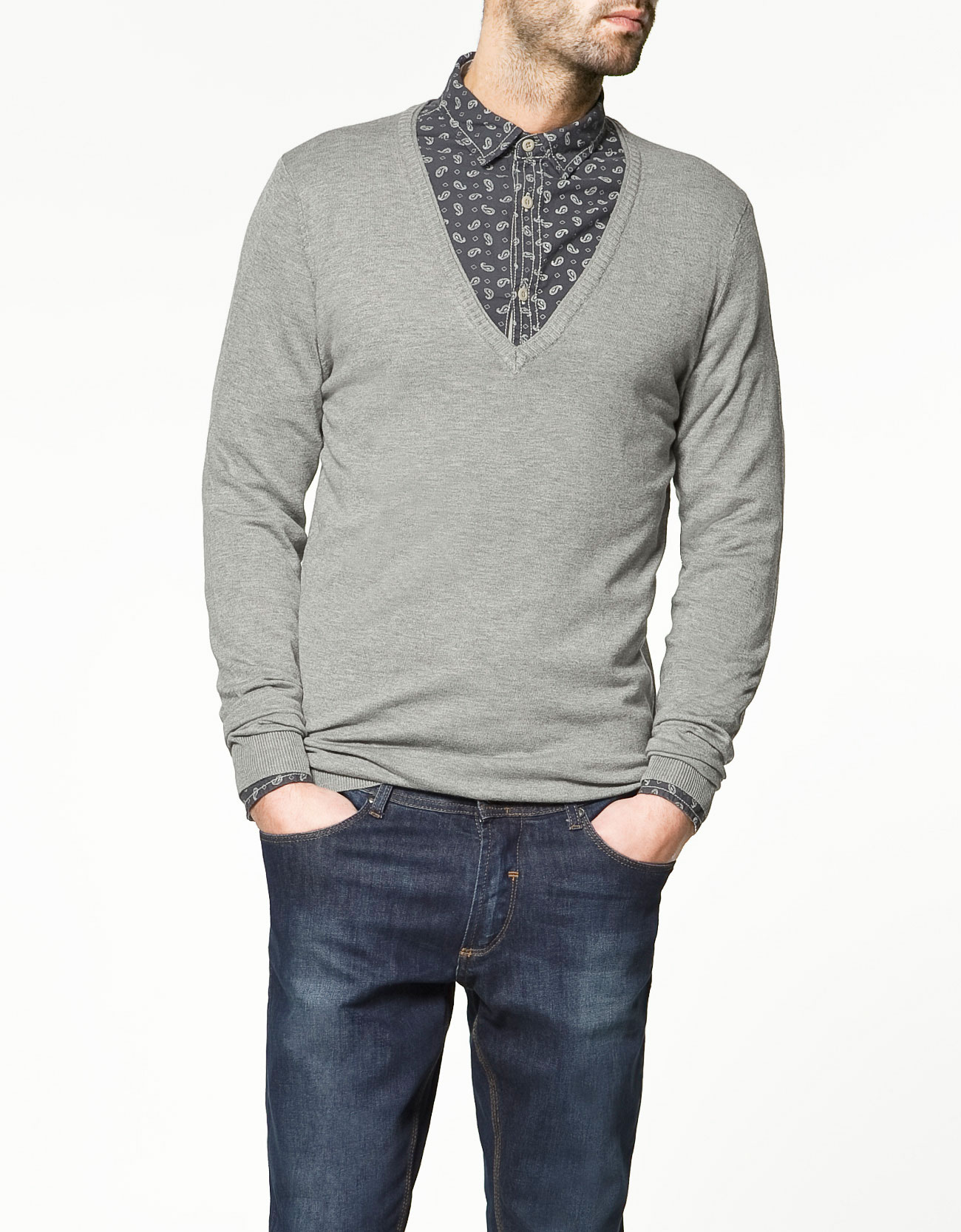Zara Double V-neck Sweater in Gray for Men (pearl) | Lyst