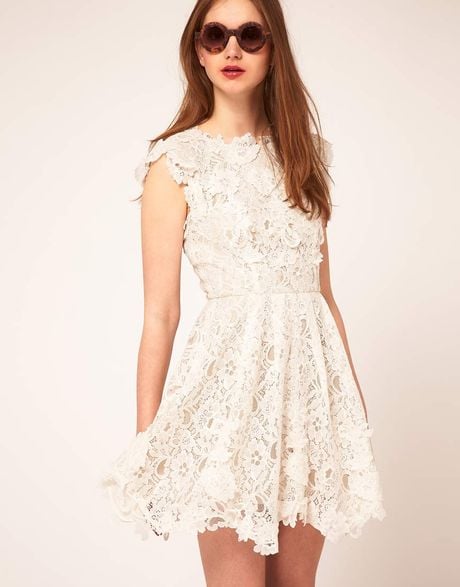 Asos Lace Skater Dress With Applique Detailing in Beige (cream) | Lyst