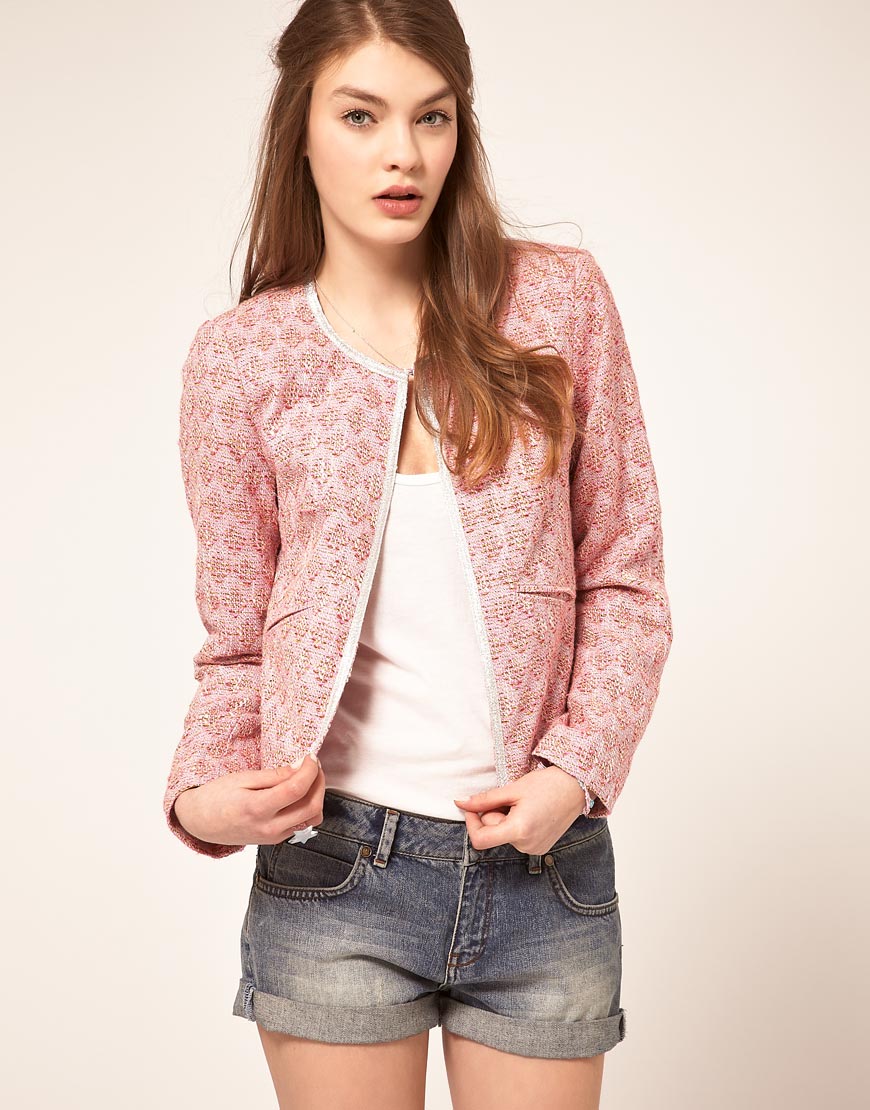 Asos Boucle Jacket With Trim in Pink | Lyst