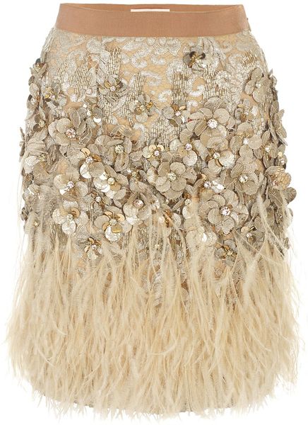 Matthew Williamson Lacquer Lace Feather Skirt in Gold | Lyst