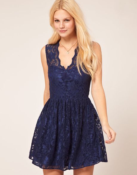 Asos Collection Asos Sleeveless Skater Dress in Lace in Blue (navy) | Lyst