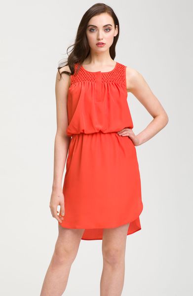 Jessica Simpson Smocked Crêpe De Chine Dress in Red | Lyst