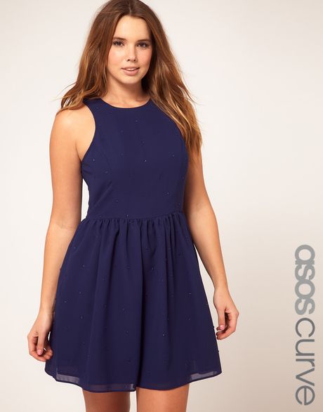 Asos Curve Skater Dress with Scattered Sequins in Blue (navy) | Lyst