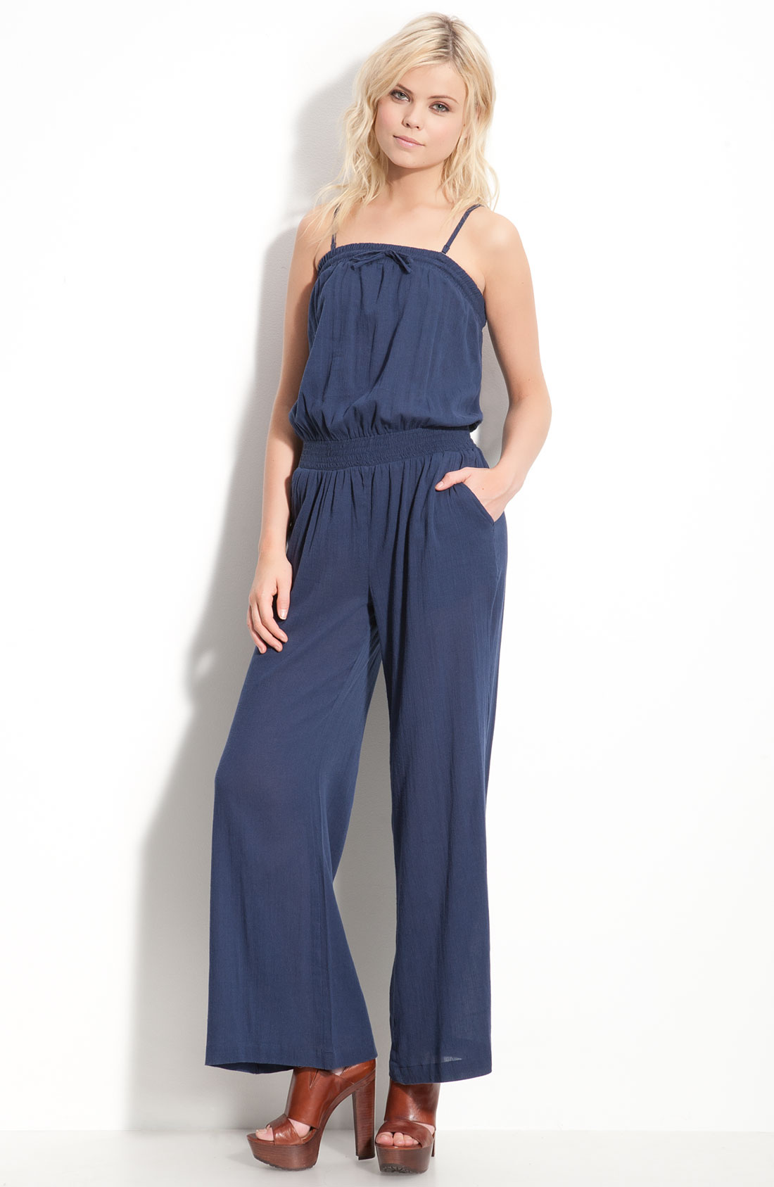 Joie Joleen Smocked Waist Wide Leg Jumpsuit in Blue (dark navy) | Lyst