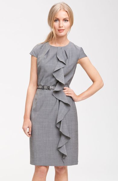 Tahari By Arthur S. Levine Belted Ruffle Dress in Gray (black/ white ...
