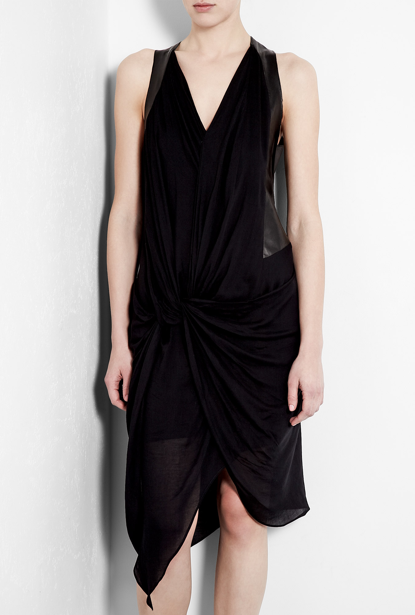 Helmut Lang Leather Panel Drape Jersey Dress in Black | Lyst