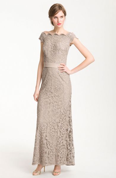 Tadashi Shoji Lace Overlay Off Shoulder Gown in Beige (antique) | Lyst