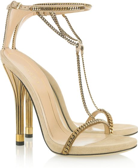 Gucci Chaintrimmed Suede Sandals in Gold (beige) | Lyst