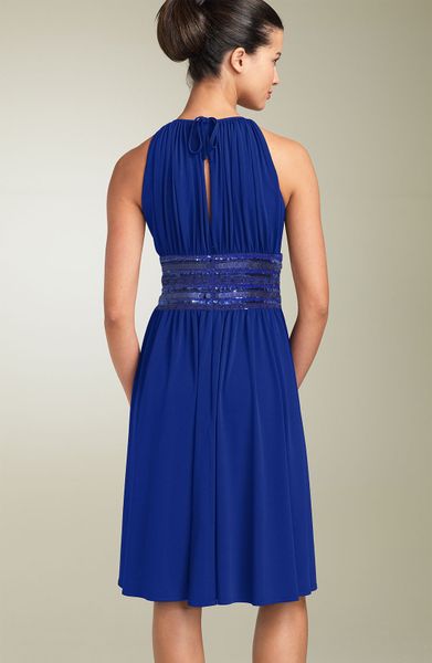 Js Boutique Embellished Matte Jersey Halter Dress in Blue (cobalt) | Lyst