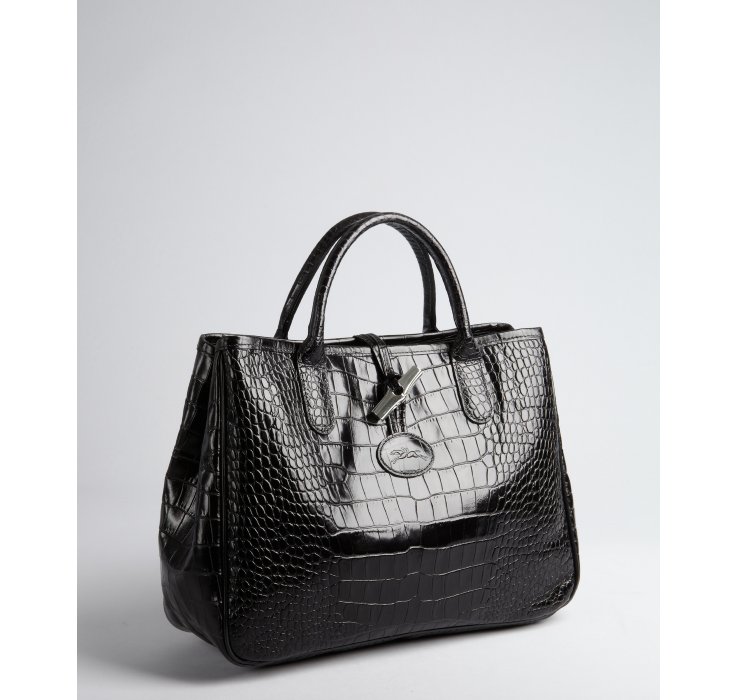 Lyst Longchamp Black Croc Embossed Leather Roseau Tote In Gallery