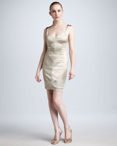 Vera Wang Lavender Seamed Satin Dress in Khaki | Lyst