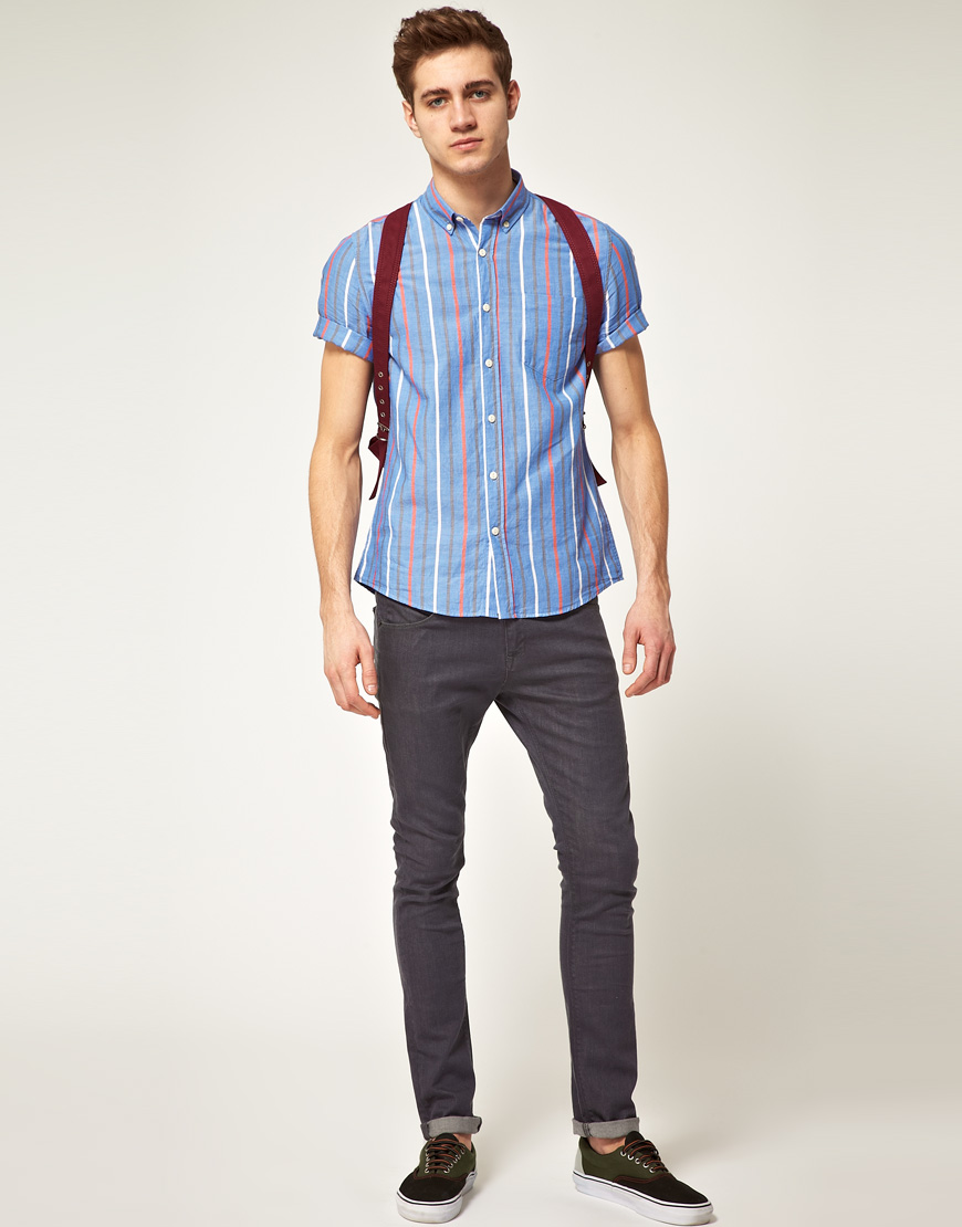 blue vertical stripe shirt